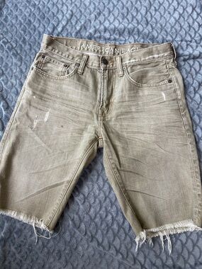 American Eagle Outfitters Men's Olive-Tan Cutoff Denim Shorts